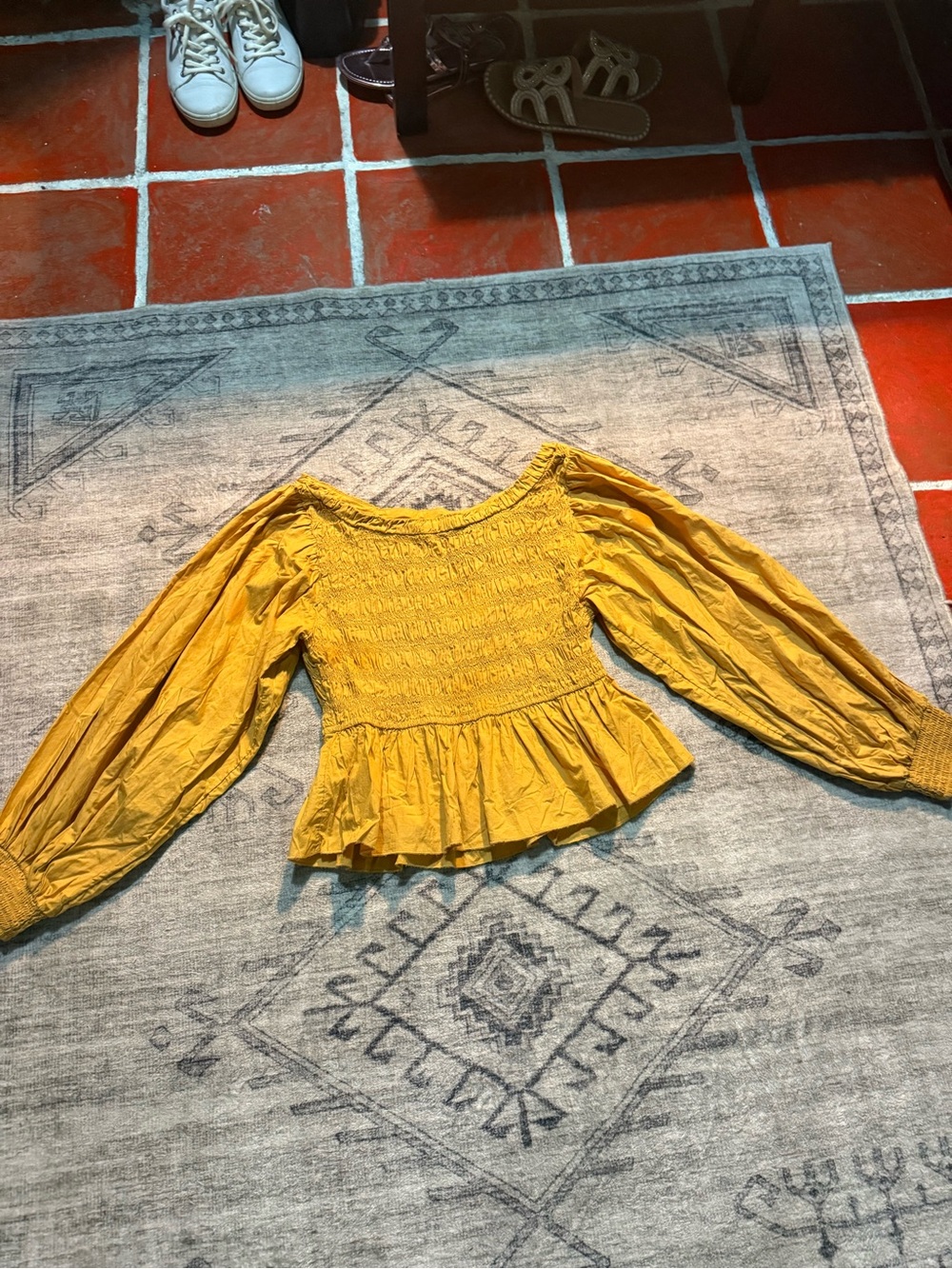 Free People Mustard Yellow Smocked Peplum Blouse